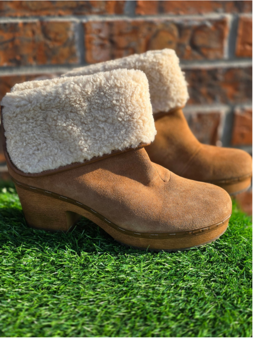 Crown Vintage Women’s Tan Suede Leather Faux Fur Cuff Ankle Boots Block Heel, 11